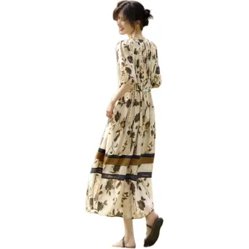 XWI Short Sleeved Dress Women's Beige With Floral Coffee