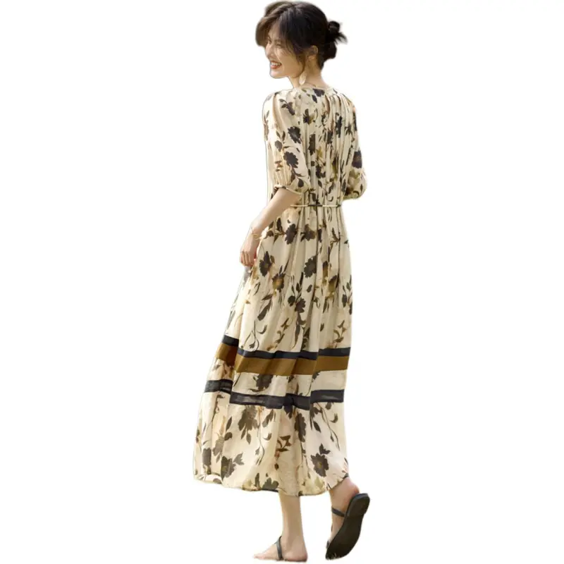 XWI Short Sleeved Dress Women's Beige With Floral Coffee-0