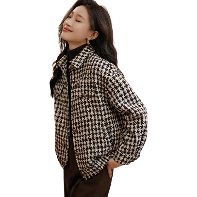 Mo Han Yi Mei Cropped Coats Women's Coffee Plaid-3