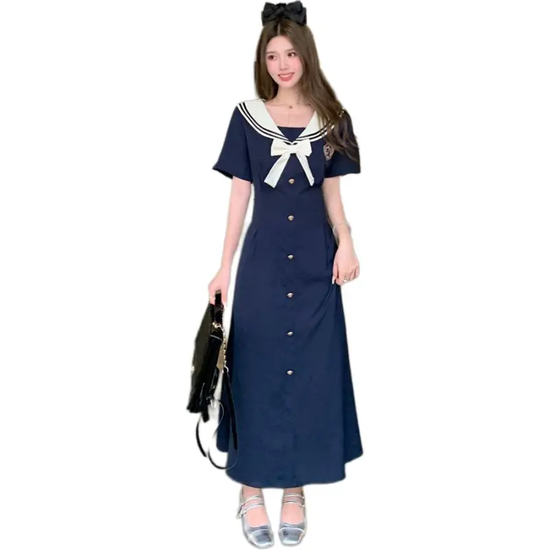 Mu Xiao Xin Short Sleeved Dress Women's Long Marine Blue-1