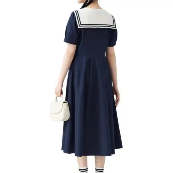 Mu Xiao Xin Short Sleeved Dress Women's Long Marine Blue