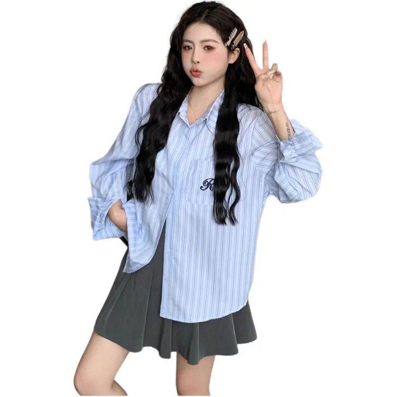 Mu Xiao Xin Shirt Women's Blue Stripes Pocket R-2