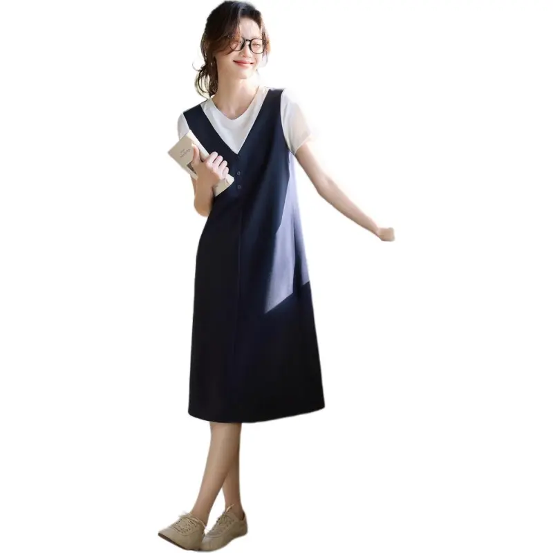 Flowers In Water Short Sleeved Dress Women's Navy Blue & White-2