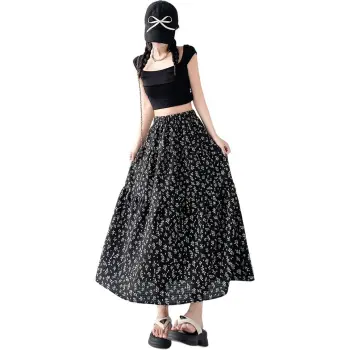 Flowers In Water Casual Long Skirt Women's Black