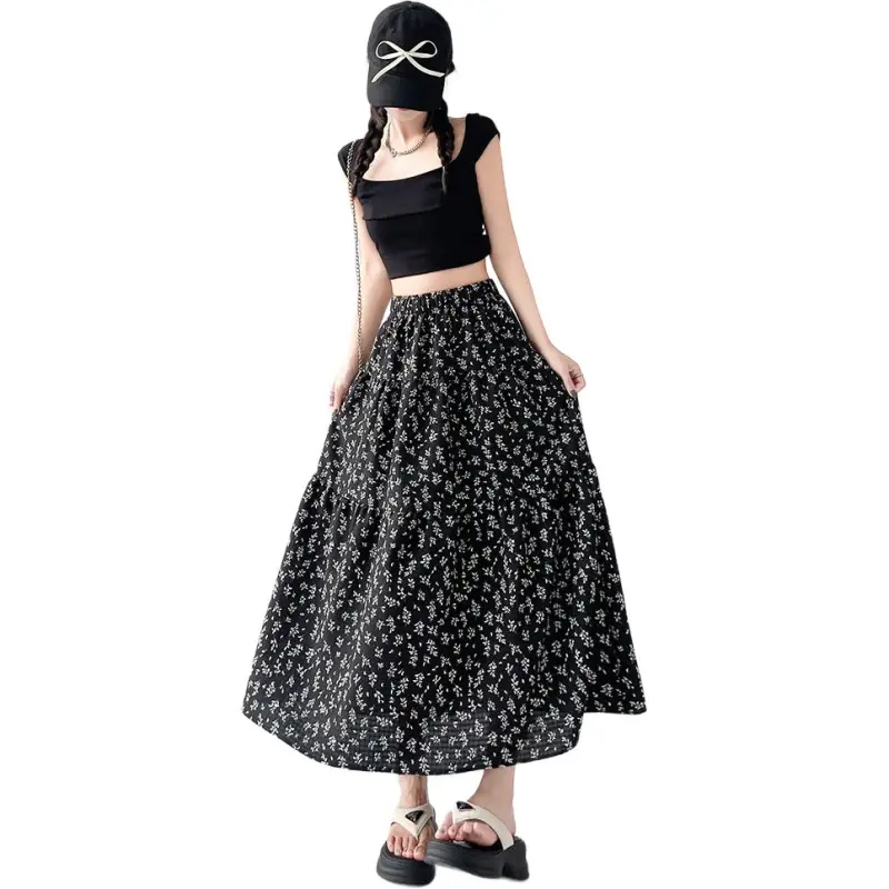Flowers In Water Casual Long Skirt Women's Black-0