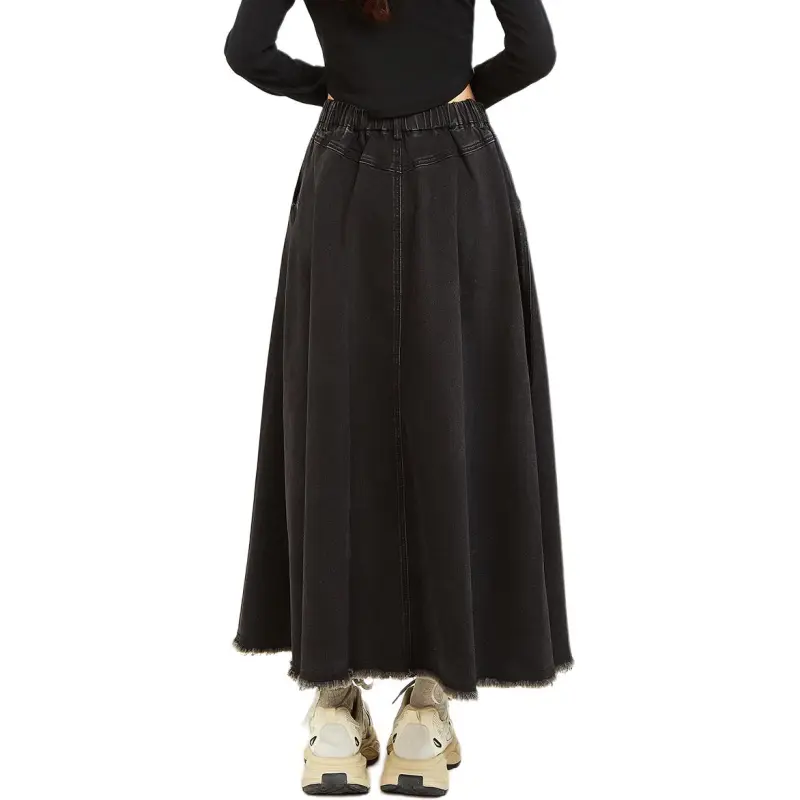 MUGUOGUOMU Denim Long Skirts Women's Black-1
