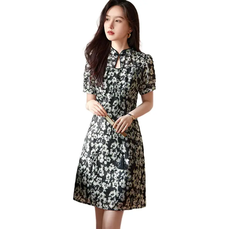 XWI Short Sleeved Dress Women's Black With Green Floral-3