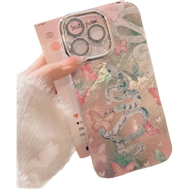 QIZHENG TPU Material Destiny Snake Pink Butterfly Phone Case Compatible With Apple 16 Pro Max/15/14/13/12/11-1