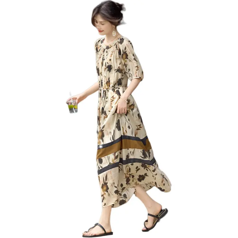 XWI Short Sleeved Dress Women's Beige With Floral Coffee-2