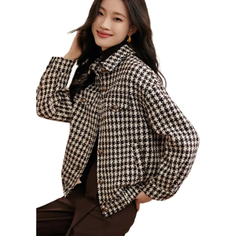 Mo Han Yi Mei Cropped Coats Women's Coffee Plaid-4