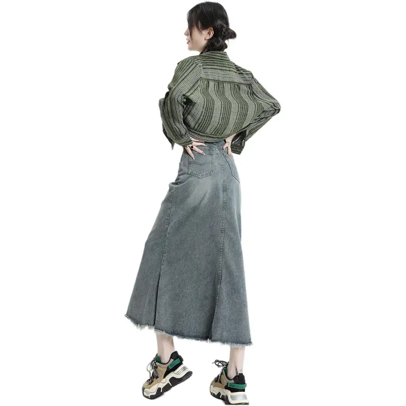 LIGEMAN Denim Long Skirt Women's Blue-0