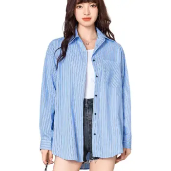 FAWENXIANGZI Shirt Women's Blue White Stripes