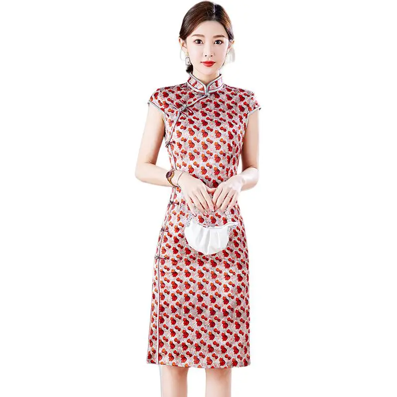 Yi Mengyuan Silk Short Sleeved Dress Women's Red-1