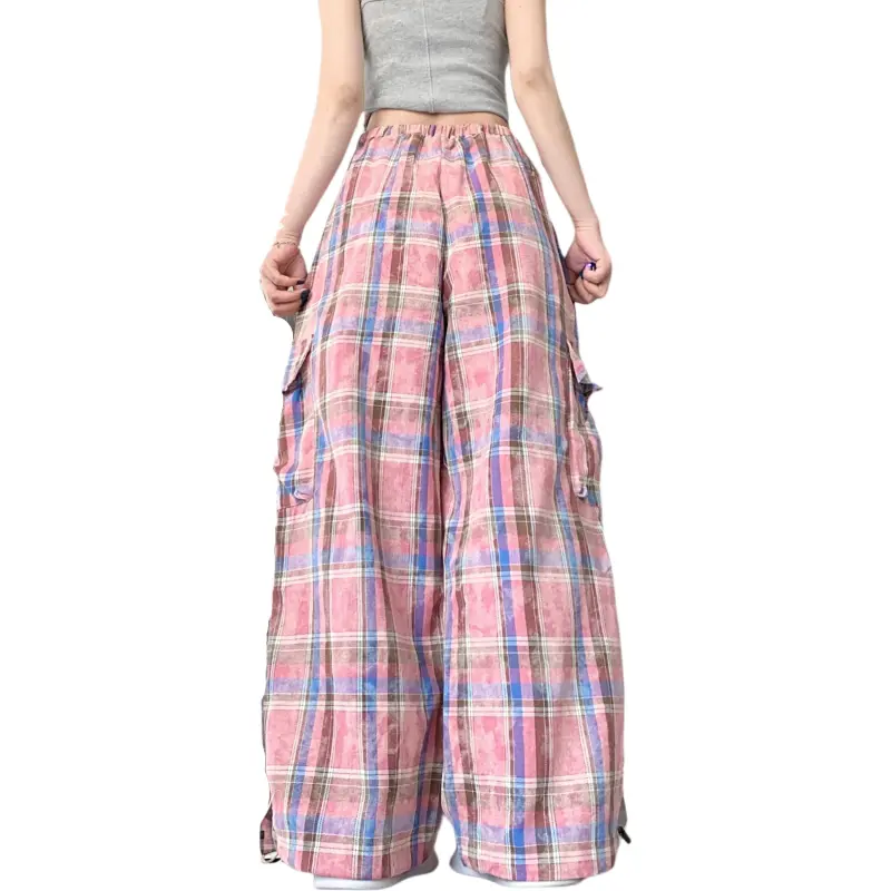 Mu Xiao Xin Casual Pants Women's Pink Blue Plaid-1