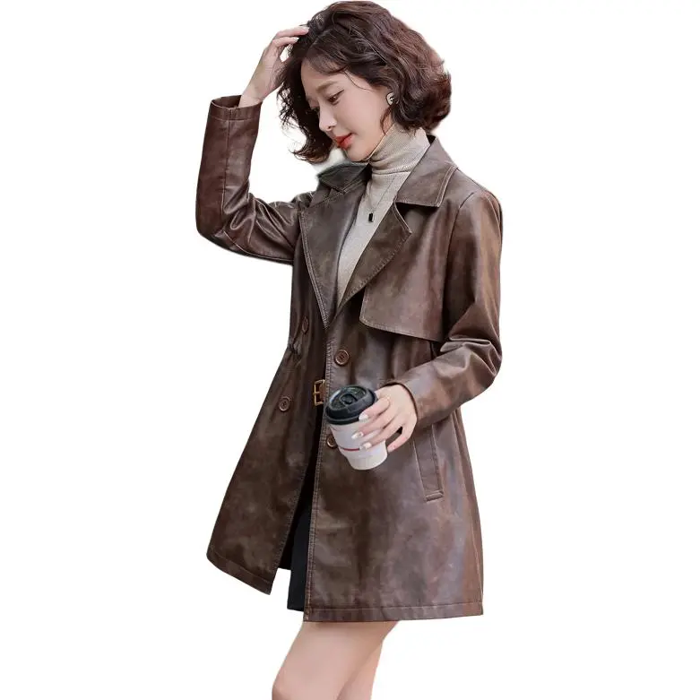 Yi Mengyuan Mid Length Leather Jacket Coat Women's-2