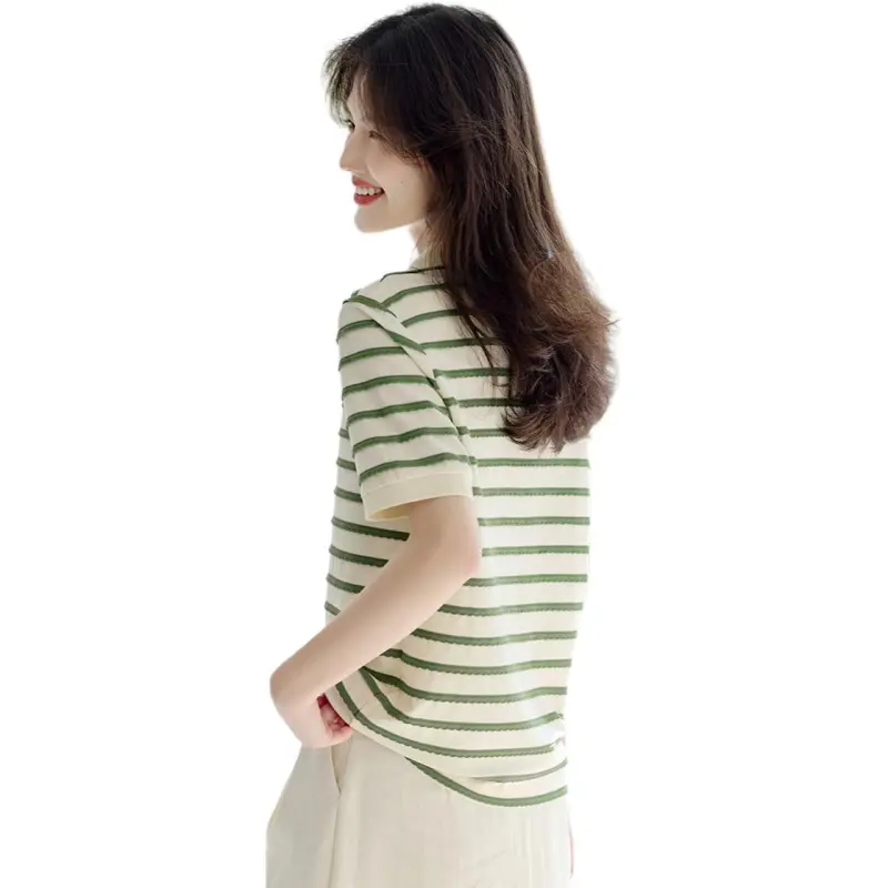 XWI T Shirt Women's Beige Green Stripes-1