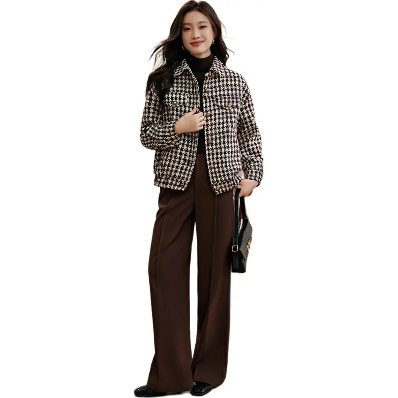 Mo Han Yi Mei Cropped Coats Women's Coffee Plaid-5