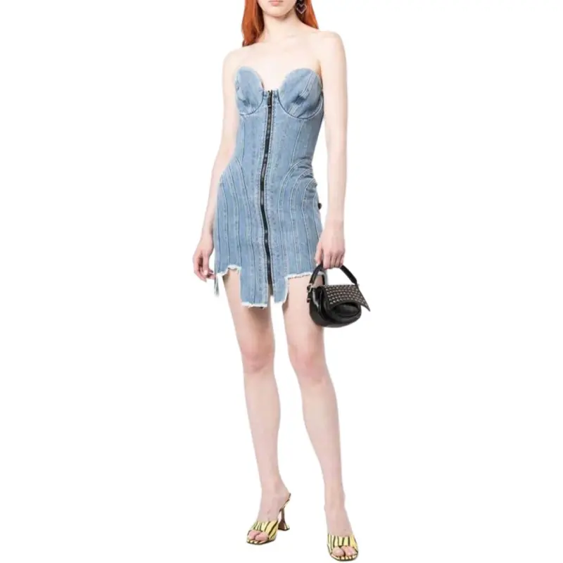 NATASHA ZINKO Asymmetric hem Denim Mini Dress-1