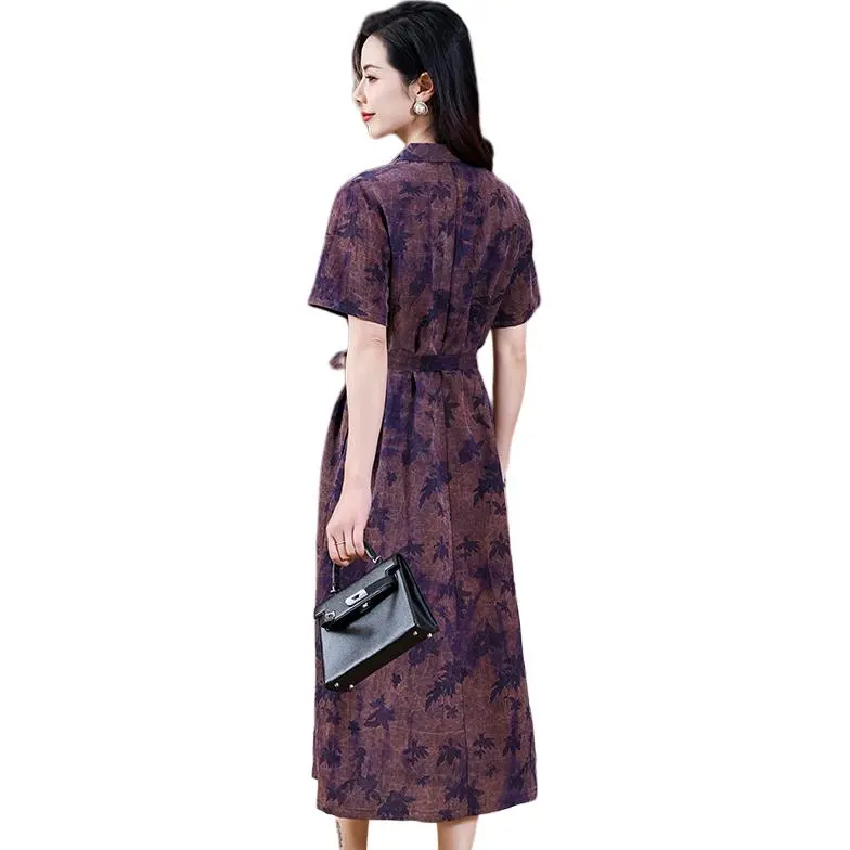 Yi Mengyuan Silk Short Sleeved Dress Women's Purple-0