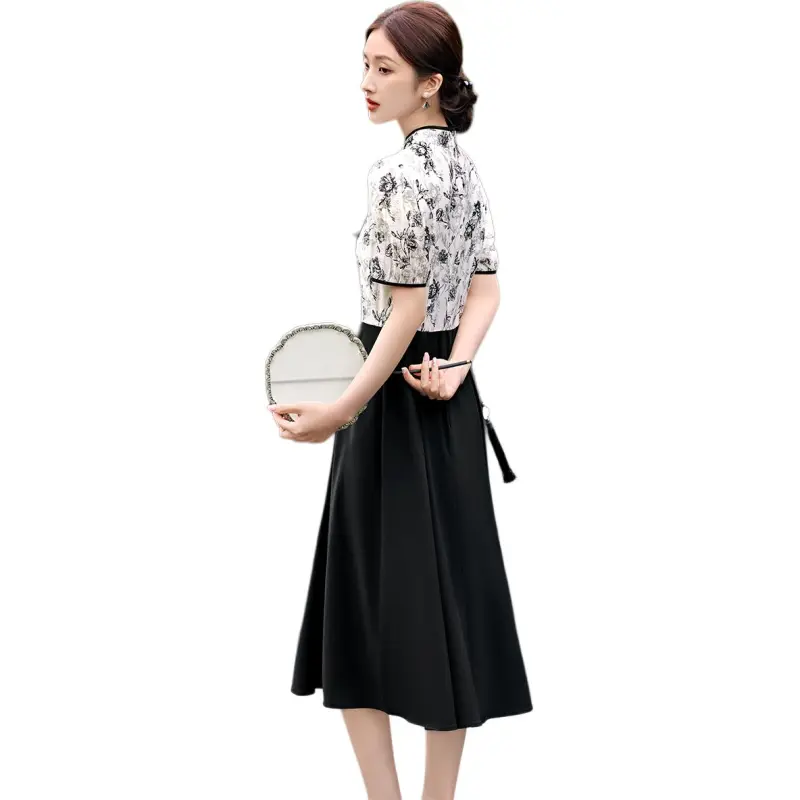 XWI Short-Sleeved Dresses Women's Beige Base With Black Flowers-1