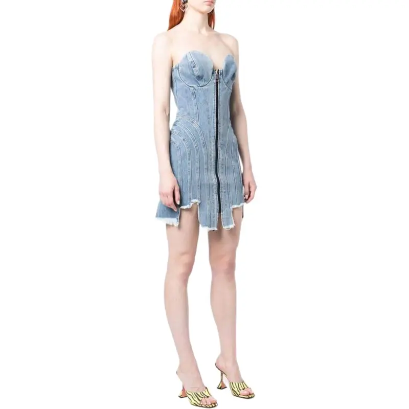 NATASHA ZINKO Asymmetric hem Denim Mini Dress-3