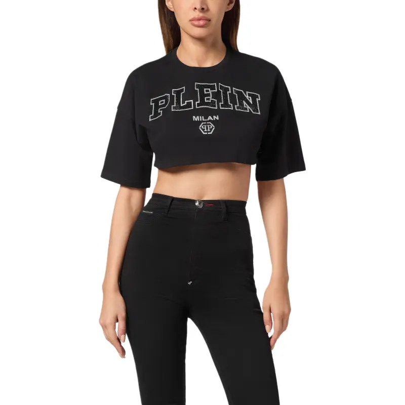 PHILIPP PLEIN Logo embellished Cotton Crop Top-2