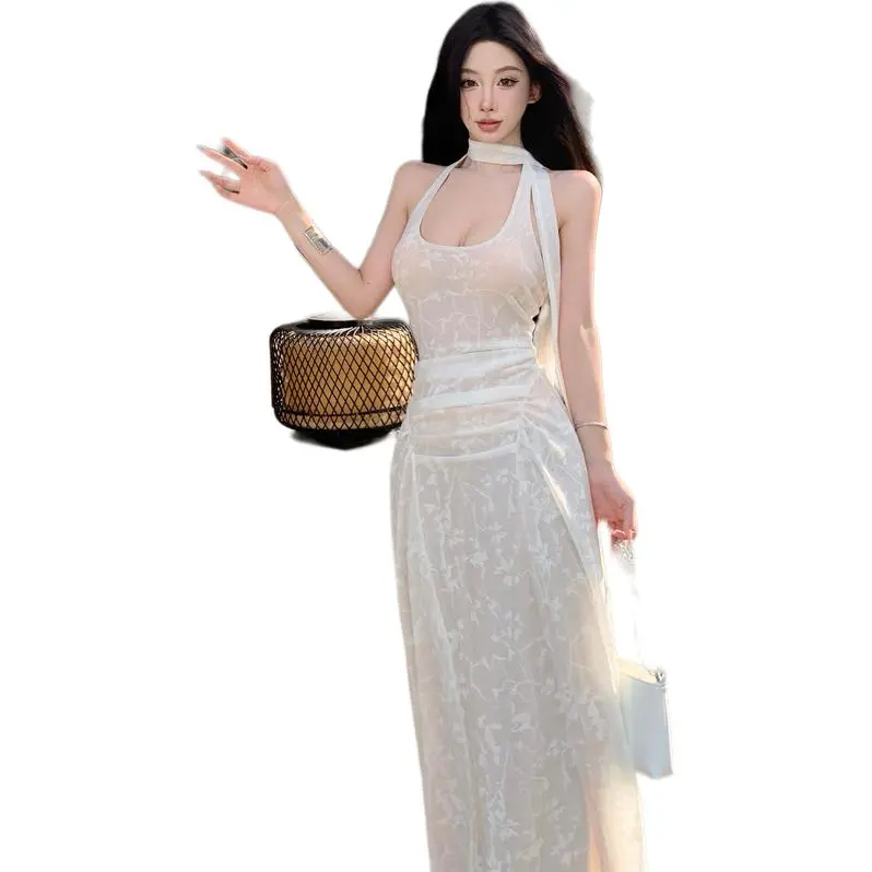 Flowers In Water Resort Style Halter Floral Layered Long Skirt Women's Image Color-1