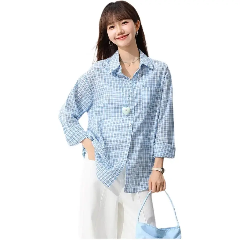 Mu Qingqing Shirts Women's Blue Plaid-1