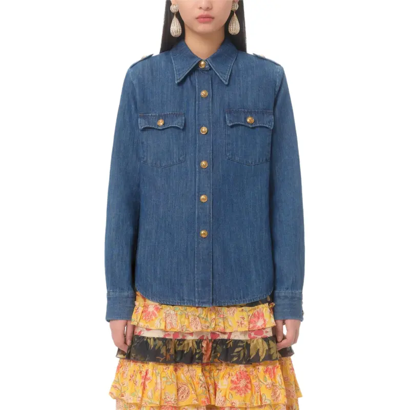 Valentino Ruffled Curved Hem Deim Shirt-1