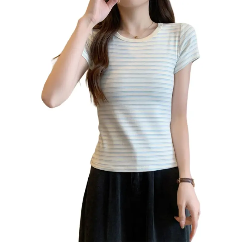 XIANSINIAO T Shirts Women's Blue White Stripes-3