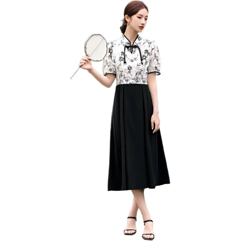 XWI Short-Sleeved Dresses Women's Beige Base With Black Flowers-2