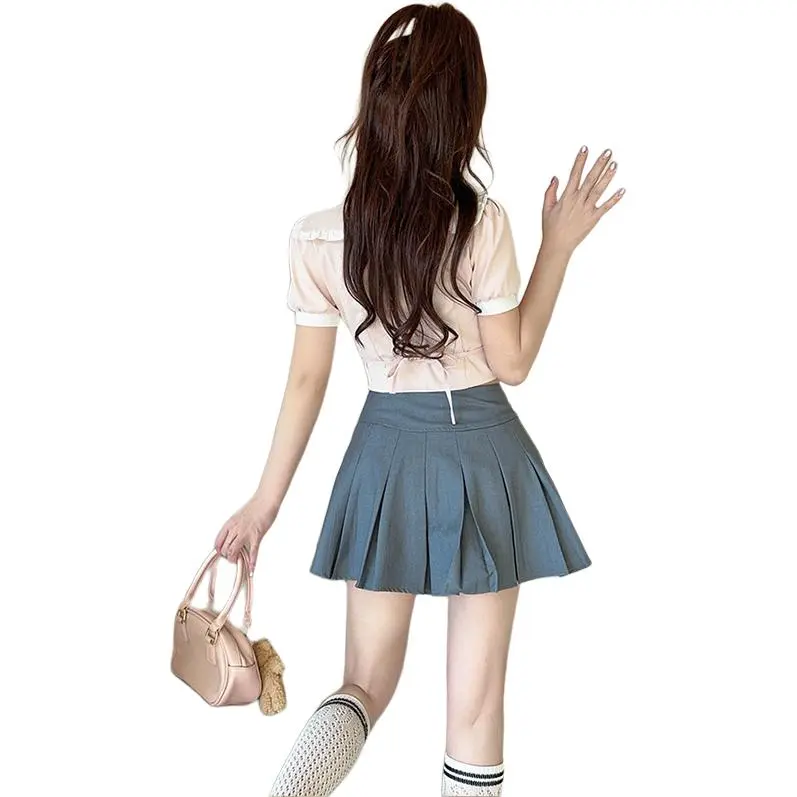 DGMZ Uniforms Women's Pink Top Bow Tie Gray Skirt Set-1