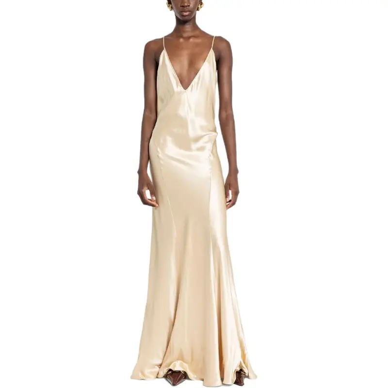 SAINT LAURENT V-Neck Sleeveless Satin Dress-2