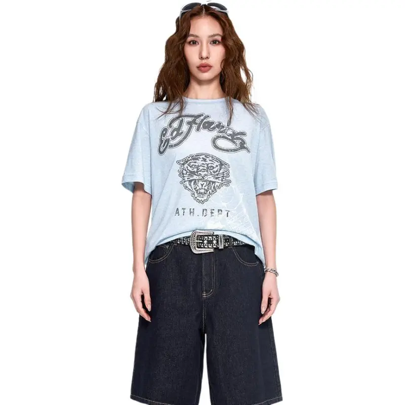 Ed Hardy Drop Shoulder Sleeve T Shirt Women's Baby Blue-3