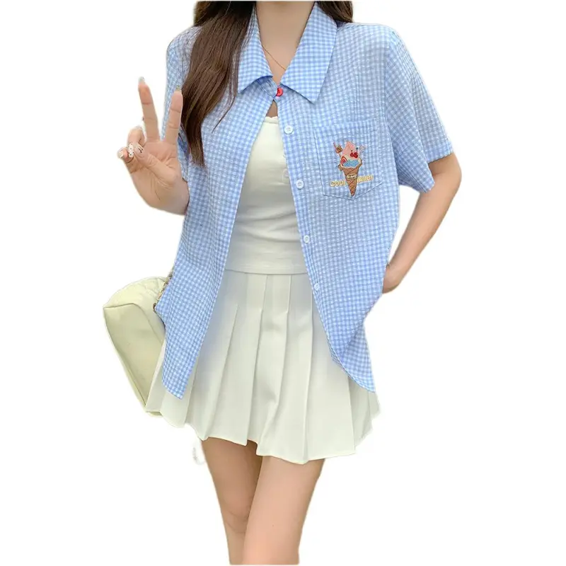 Mu Xiao Xin Shirt Women's Plaid Ice Cream-1