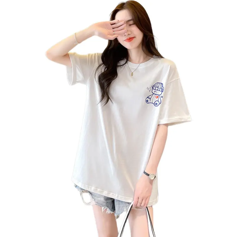 JEANSWEST T Shirt Drop Shoulder Sleeve Summer Women's White-1
