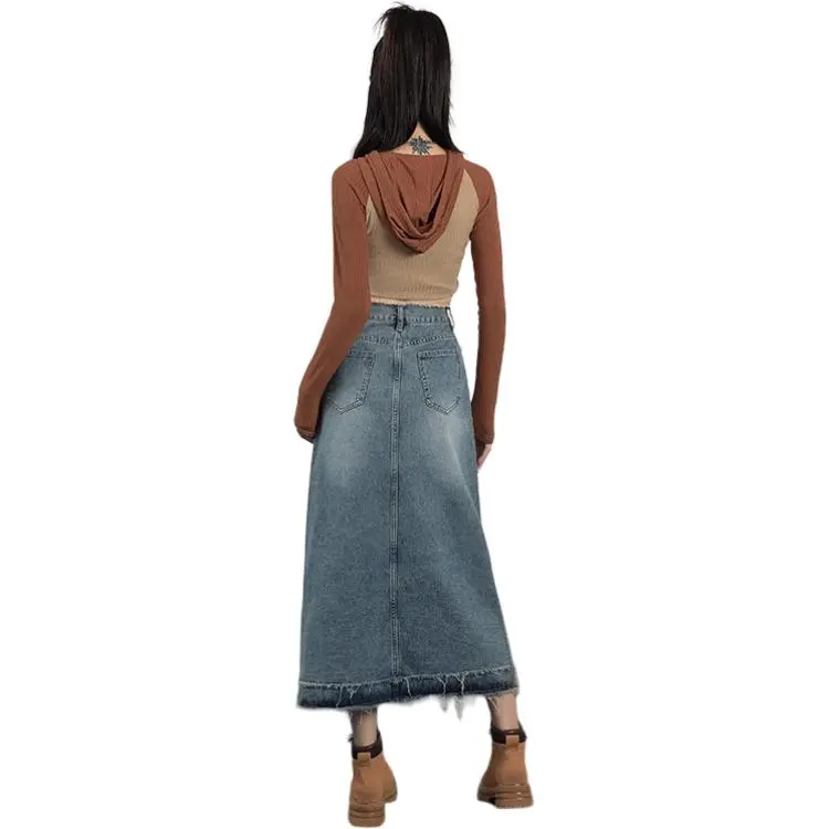 ORIGIN 2025 Summer Frayed Edge Denim Midi Skirt For Women's Women's-1