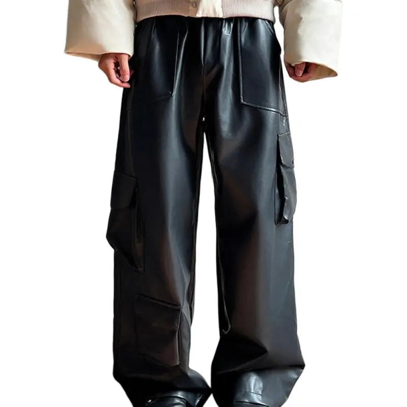 PAINT STAIN Leather Pants Unisex Black-10