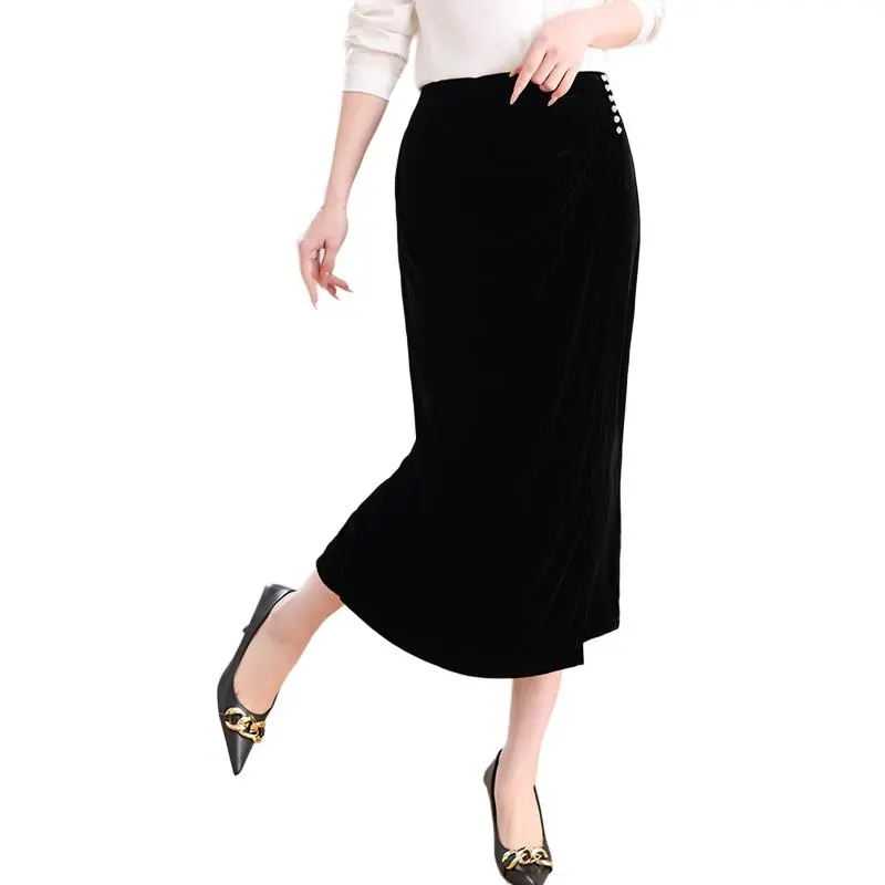 Yi Mengyuan Silk Casual Long Skirt Women's Black-2