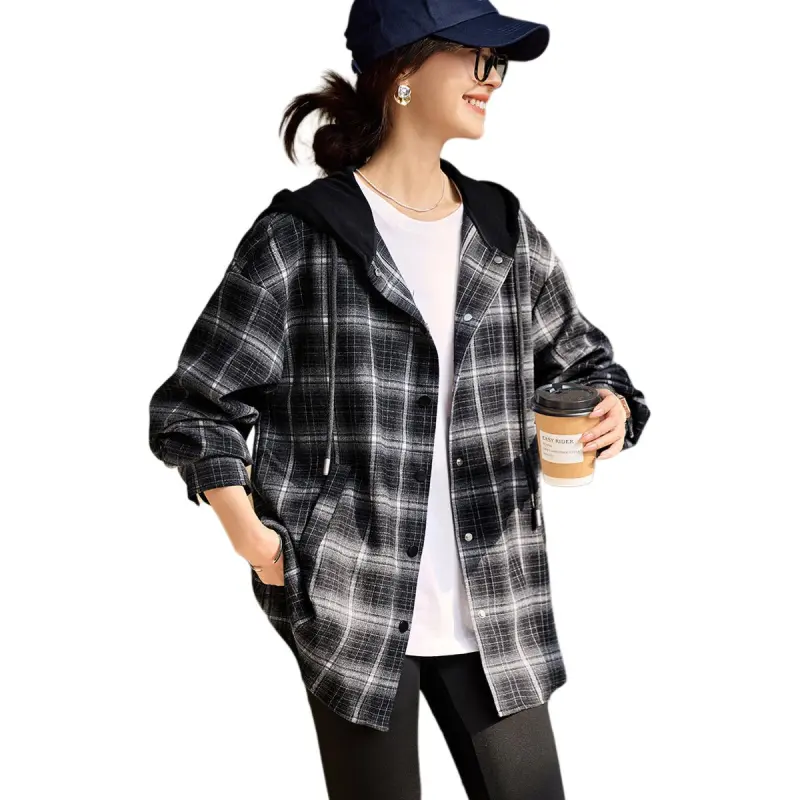 Mo Han Yi Mei Jackets Coats Women's Black Plaid-1