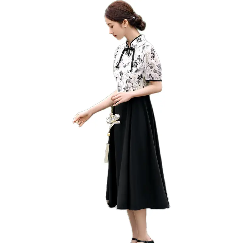 XWI Short-Sleeved Dresses Women's Beige Base With Black Flowers-3