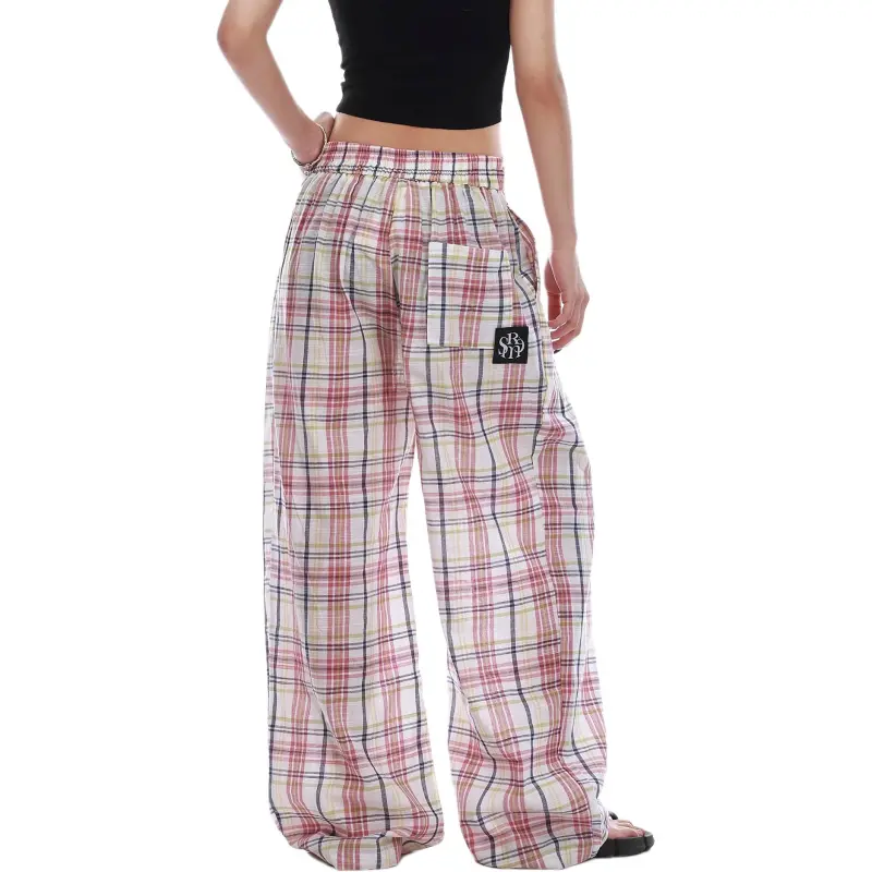 VINMUK Casual Pants Women's Pink Plaid-3