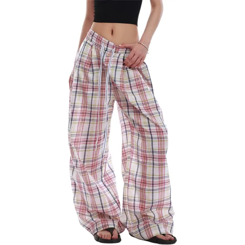 VINMUK Casual Pants Women's Pink Plaid-6