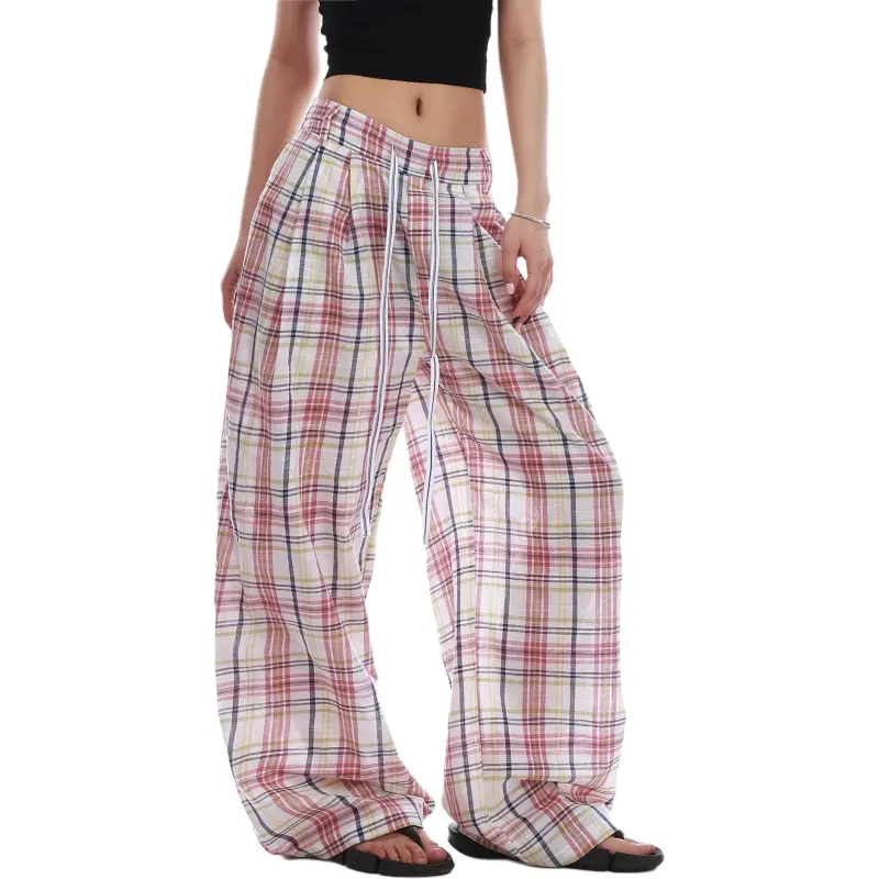 VINMUK Casual Pants Women's Pink Plaid-5