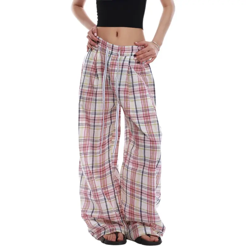 VINMUK Casual Pants Women's Pink Plaid-2