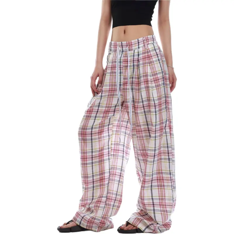 VINMUK Casual Pants Women's Pink Plaid-4