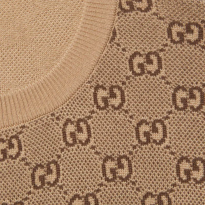 GUCCI Crystals Embroidered Wool Gg Jacquard Cardigan Beige/Dark Brown-5