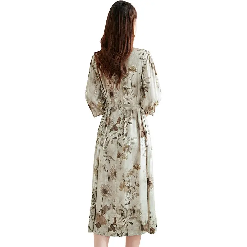 Yi Mengyuan Silk Long Sleeved Dress Women's Miroku Flower Collection Language-0