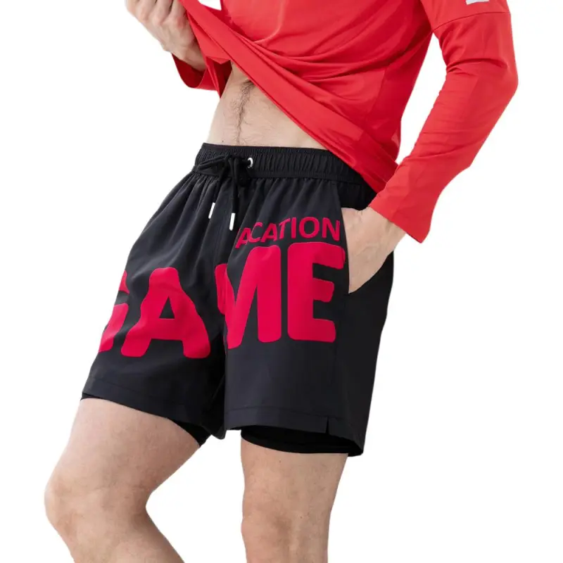 GAILANG Beach Shorts Men Black/Red Two Piece Set, Stretch Fabric-2