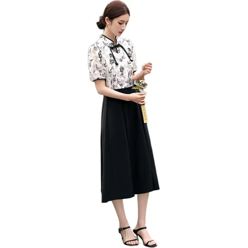 XWI Short-Sleeved Dresses Women's Beige Base With Black Flowers-4